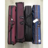Gewa oblong viola case with outer zipper cover; also three various violin cases with outer zipper