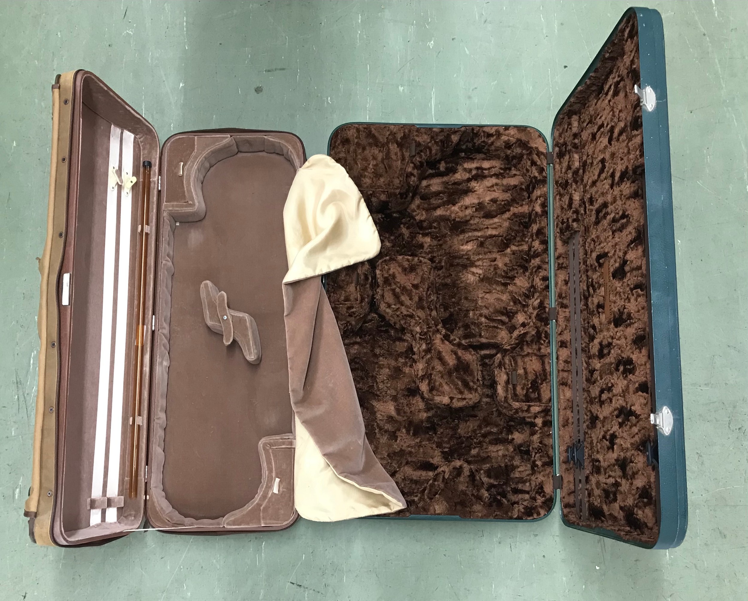 J. Winter oblong double violin case with brown plush lined fitted interior and outer zipper cover;