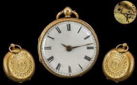 Ladies - 18ct Gold Key-wind Ornate Cased Open Faced Pocket Watch, With Embossed Ornate Back Cover.