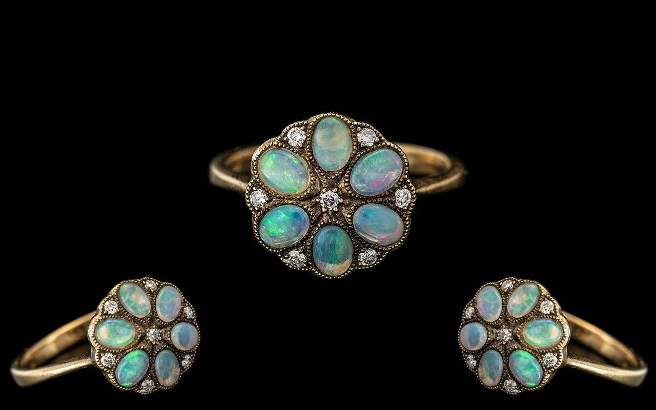 Antique Period - Ladies Attractive 9ct Gold Exquisite Opal and Diamond Set Ring, Excellent Design.