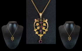 Victorian Period Fine 9ct Gold Stone Set Ornate Pendant with Drop. c.1890's.