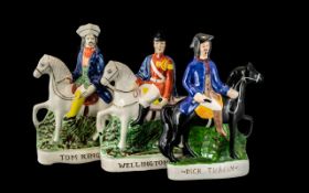 Three Staffordshire Flat Backs, comprising Wellington, Tom King, and Dick Turpin. All approx.