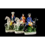 Three Staffordshire Flat Backs, comprising Wellington, Tom King, and Dick Turpin. All approx.