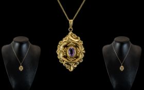 Ladies - Attractive 9ct Gold Ornate Pendant with Amethyst Set Centre, Excellent Design,