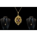 Ladies - Attractive 9ct Gold Ornate Pendant with Amethyst Set Centre, Excellent Design,