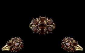 Antique Period Ladies - Attractive 9ct Gold Garnet and Diamond Set Cluster Ring.