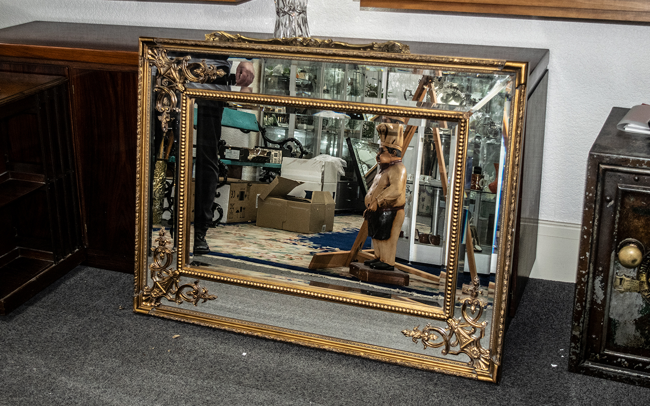 Large Gilt Framed Mirror, bevelled centre with beaded edge, further bevelled glass panels,