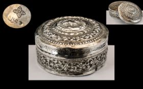 Antique Burmese Silver Lidded Container, Superb Decoration Throughout, Lid Depict Mythical Bird,