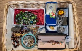 Box of Vintage Costume Jewellery comprising a collection of brooches, some silver, some stone set,