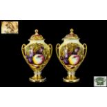 Aynsley - Pair of Fallen Fruits - Decorated Twin Handle Lidded Urn Shaped Vases ' Apples and