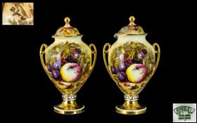 Aynsley - Pair of Fallen Fruits - Decorated Twin Handle Lidded Urn Shaped Vases ' Apples and