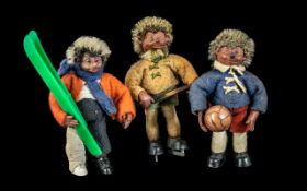 Steiff Vintage Miniature Mecki Hedgehog Friends, 3 sporting figures comprising footballer with ball,