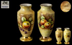 Peter Gosling Signed Ex Royal Worcester Artist - Pair of Small Hand Painted Vases. Fallen Fruits