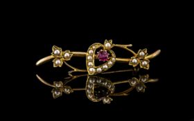 Victorian 15ct Gold - Attractive and Exquisite Ruby and Seed Pearl Set Brooch, Marked 15ct.