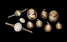 A Collection of Nine Pieces of 9ct Gold Mounted Cameo Jewellery, to include six pendants,