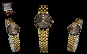 Rotary - Ladies Gold Tone Steel Diamond Set Wrist Watch With Black Dial and Gold Markers.