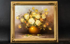 ' Danny ' ( 20th Century ) Yellow / White Roses In a Red Bowl Resting on a Table - Oil on Canvas,