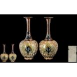 Pair of 19th Century Doulton Lambeth Bottle Form Vases, one neck restored, impressed marks to base.