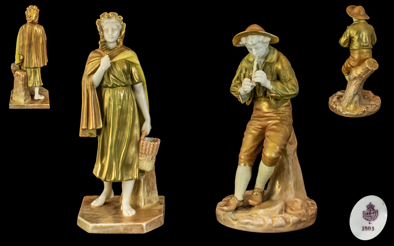Royal Worcester Pair of Fine Quality Hand Painted Porcelain Figures ' Shepherd and Milk Maid '