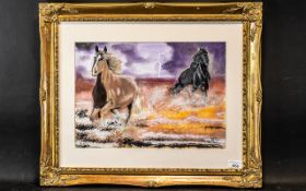 Dave Smith ( Dated 2012 ) Fleeing The Storm - Two Horses Fleeing the Storm with Lightening In the