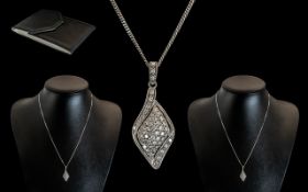 Ladies - Good Quality 9ct White Gold Diamond Set Pendant with Attached 9ct White Gold Chain.