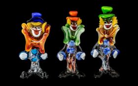 Murano - Fine Trio of Multi-Colour Glass Novelty Clown Figures. c.1960's.