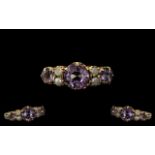 Antique Period 9ct Gold Amethyst and Seed Pearl Set Ring - Gallery Setting. Ring Size P.