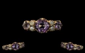 Antique Period 9ct Gold Amethyst and Seed Pearl Set Ring - Gallery Setting. Ring Size P.