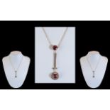 Ladies Stylish - 9ct Gold Attractive 1920's Style FIre Garnet Set Pendant Drop with Integral 9ct
