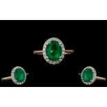 14ct Rose Gold - Wonderful Quality Emerald and Diamond Set Cluster Ring.