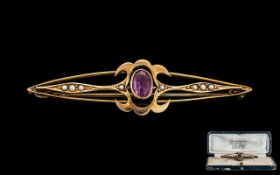 Antique Period 14ct Gold - Amethyst and Seed Pearl Set Brooch. Marked 14ct.