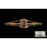 Antique Period 14ct Gold - Amethyst and Seed Pearl Set Brooch. Marked 14ct.