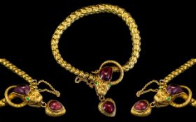 Victorian Period 1837 - 1901 Superb 18ct Gold - Snake Head Articulated Link Bracelet With Heart