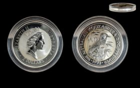 Elizabeth II Australian Kookaburra 2 Dollar Coin. Weight 2.00 ozs. Purity .999 Pure Silver.