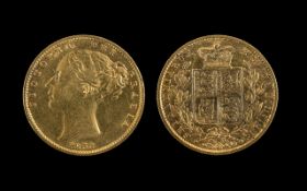Queen Victoria 22ct Gold Shield Back/Young Head Full Sovereign. Date 1853, London mint.