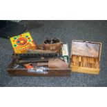 A Wooden Tray Containing Mixed Collectables to include two folding measures, an old tape measure,