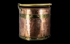 19th Century Copper Coal Bucket with Brass Strapwork & Hinged Handle.