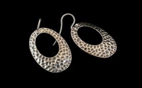 Pair of Large Silver Statement Earrings. Silver Earrings of Planished Design, Silver Hallmark.