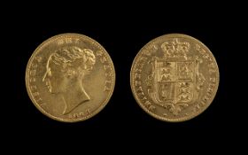 Queen Victoria 22ct Gold Young Head - Shield Back Half Sovereign - Date 1863.