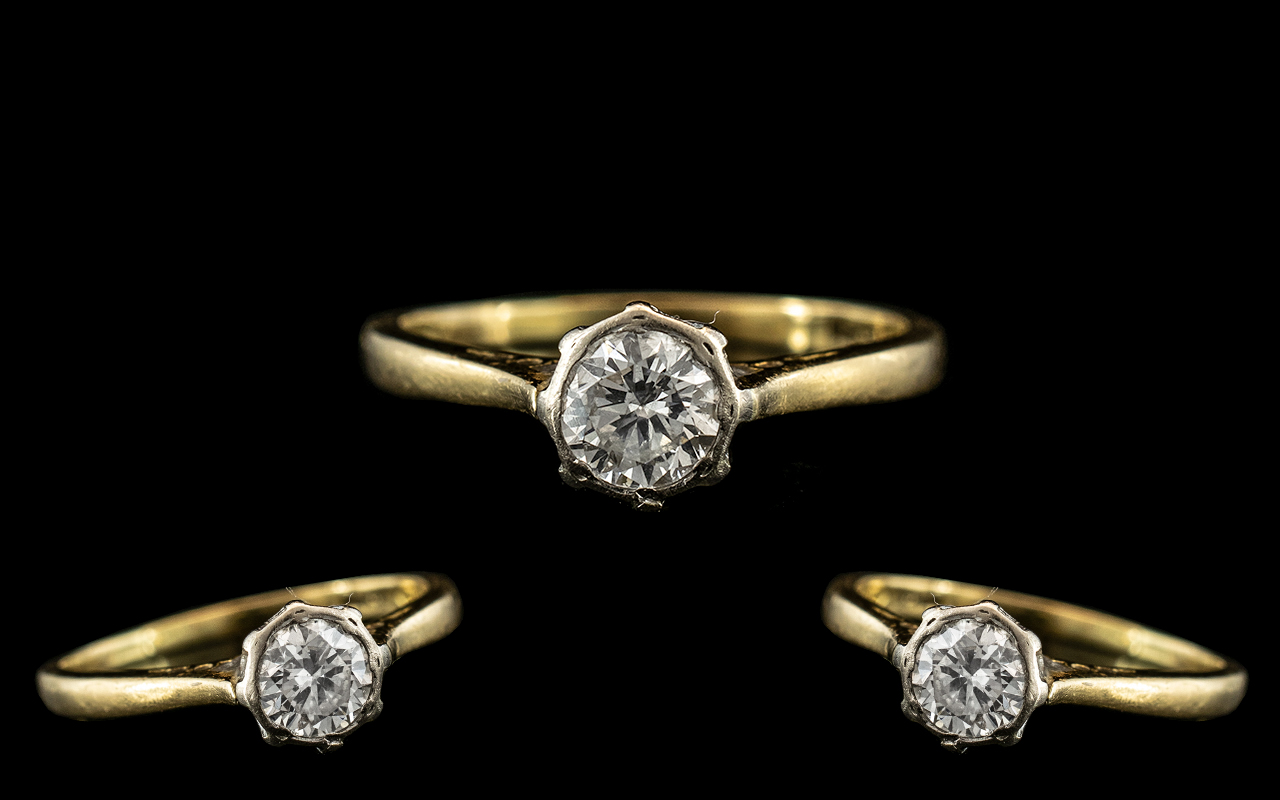 18ct Gold - Attractive Single Stone Diamond Set Ring. Marked 18ct to Interior of Shank. The Pave Set