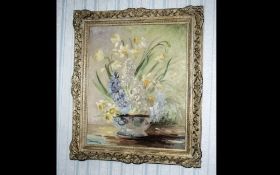 Large Oil Painting by G C Barlow 'Early Spring' depicting a vase of daffodils and hyacinth.