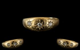 Antique Period 18ct Gold - 3 Stone Diamond Ring, Star burst Setting.