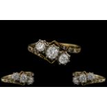 18ct Gold - Attractive and Good Quality 3 Stone Diamond Set Ring, With Diamond Shoulders. c.1930.