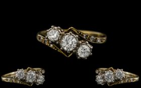 18ct Gold - Attractive and Good Quality 3 Stone Diamond Set Ring, With Diamond Shoulders. c.1930.