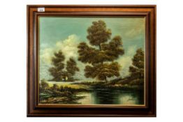J Williams 20th Century Oil on Canvas, a river landscape with a cottage in the distance, framed in a