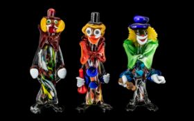 Murano - Fine Trio of Multi-Colour Glass Novelty Clown Figures. c.1960's.