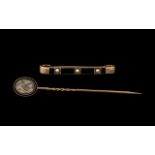 Victorian Black Enamelled Mourning Stick Pin Glazed Front With Braided Hair, Engraved Name And Dated