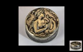 Art Nouveau Silver Plate Pill Box. Lovely Design with a Damsel Playing The Harp.