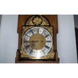 Arts & Crafts Oak Cased Long Case Clock, silver chapter dial with gilt spandrels,