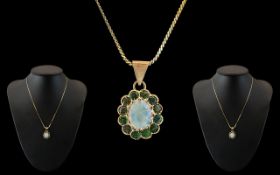 Ladies - Attractive 9ct Gold Opal and Emerald Set Pendant with Attached 9ct Gold Chain.